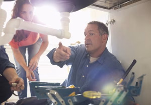 plumber looking under wink with customer