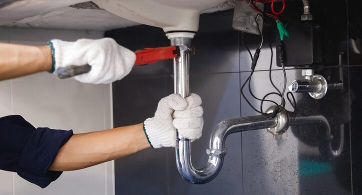plumber fixing sink pipe with adjustable wrench.