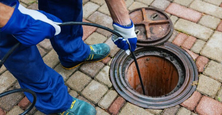 water jet being placed in drain outdoors